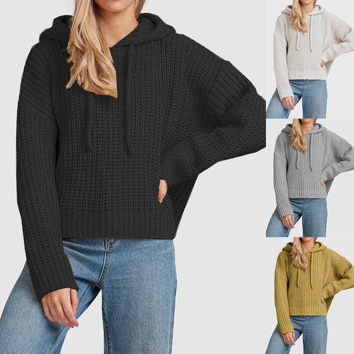 Damen Grobstrick-Kapuzenpullover mit Waffelstruktur, überschnittener Schulter und kurzem Saum Drune