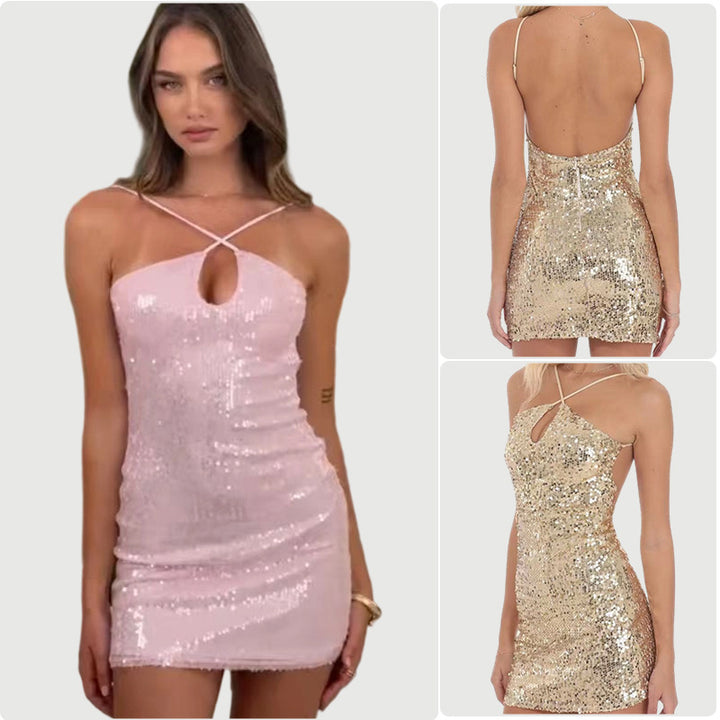 Damen Glitzerndes Minikleid mit eleganter Trägergestaltung und tiefem Ausschnitt Drune