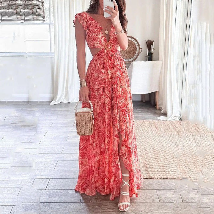 Damen Langes Maxikleid mit elegantem Cut-Out Design und Rüschenausschnitt Drune