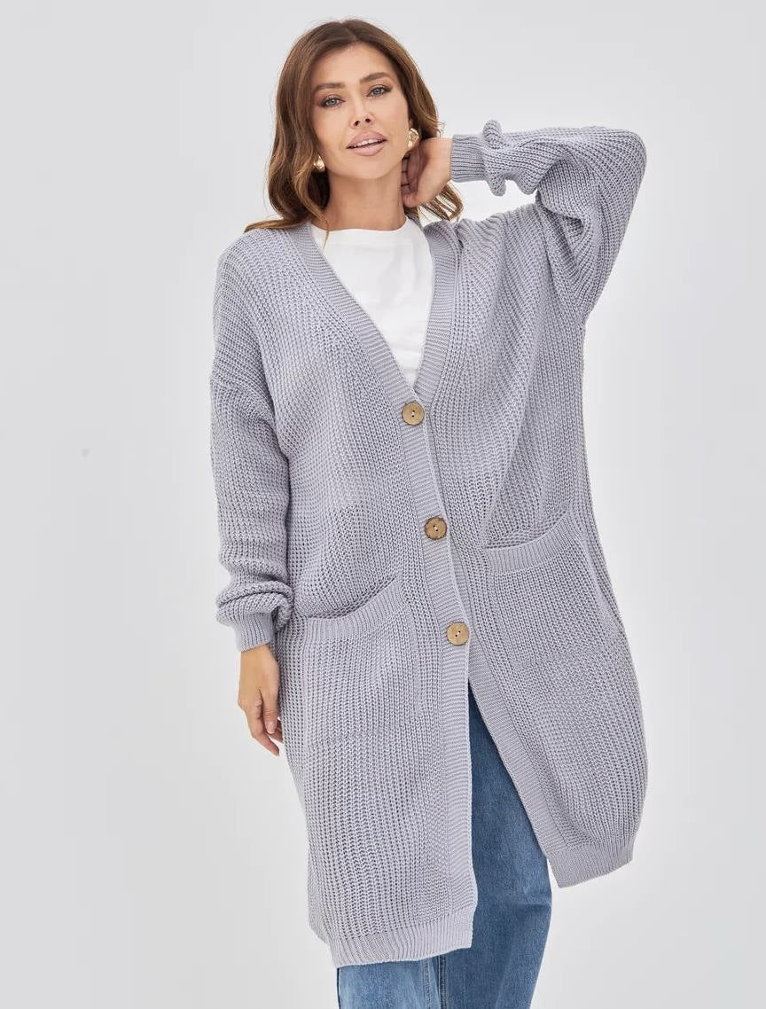 Damen Grobstrick-Cardigan mit schlichten Holzknöpfen und praktischen Taschen Drune