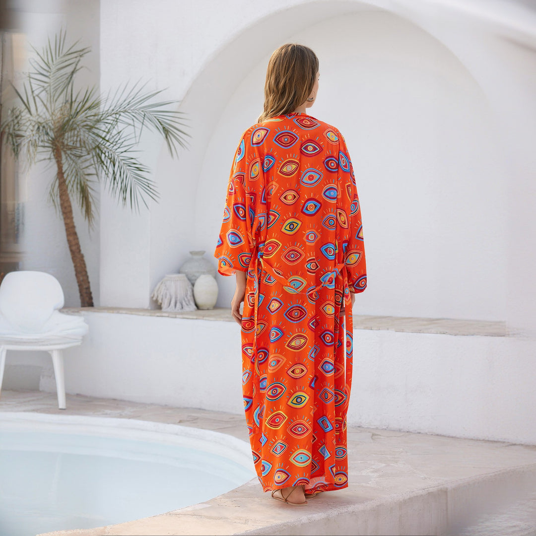 Damen Langer Kaftan‑Kimono mit Taillengürtel, V‑Ausschnitt & grafischem Augenprint Drune