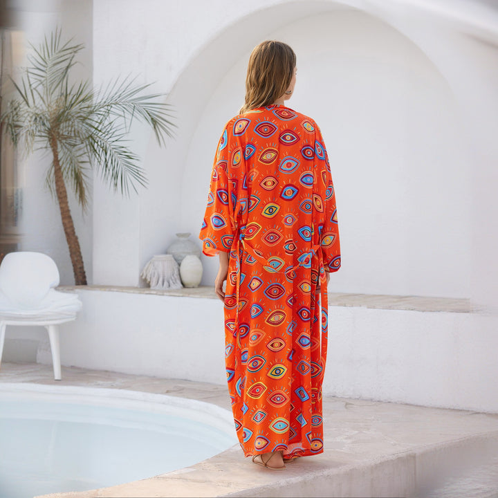 Damen Langer Kaftan‑Kimono mit Taillengürtel, V‑Ausschnitt & grafischem Augenprint Drune