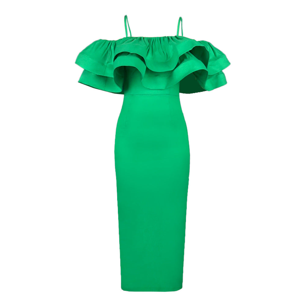 Damen elegantes Satin-Kleid mit voluminösem Rüschensaum Drune