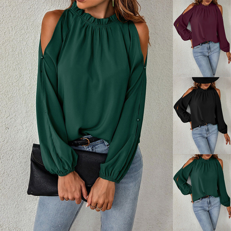 Damen trendige Bluse mit schulterfreier Gestaltung und Puffärmeln Drune