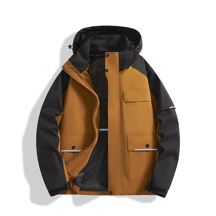 Herren dreilagige Trekkingjacke mit verschweißten Nähten, Kapuze und Multifunktionstaschen Drune