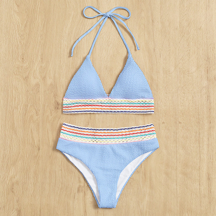 Damen Bikiniset mit hochgeschnittenem Höschen und buntem Wellenmuster Drune