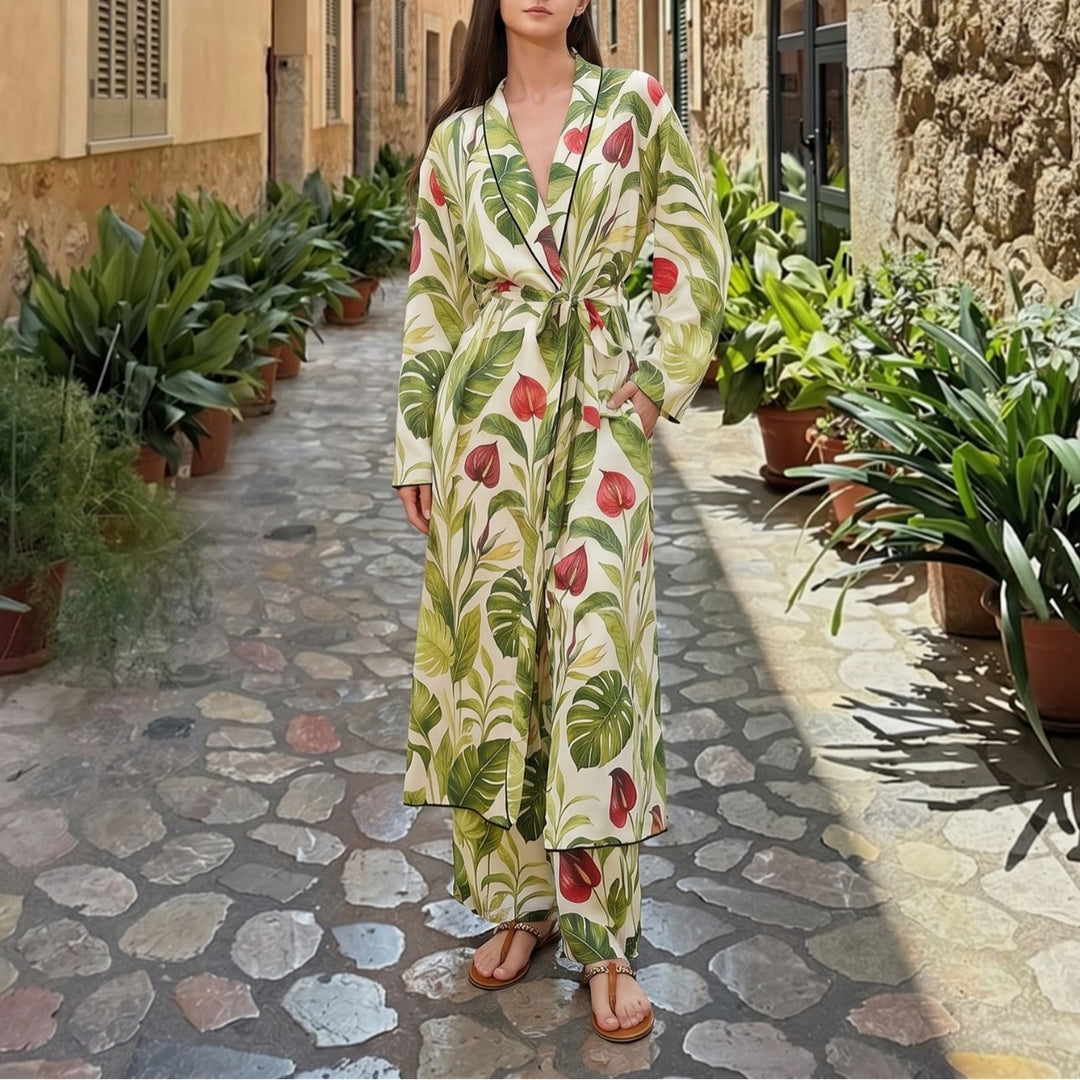 Damen Langer Kimono-Mantel mit Taillengürtel und weiter Palazzo-Hose im Tropenprint Drune