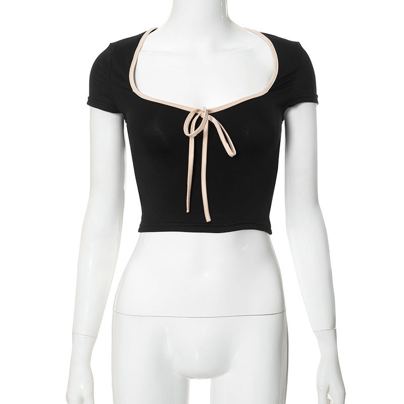 Damen cropped T-Shirt mit dekorativem Bindeband Drune