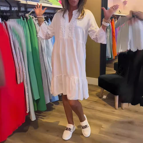 Damen nan lockeres Babydoll-Tunikakleid mit Spitzenpasse, V-Ausschnitt, Stehkragen und Stufenvolant Drune