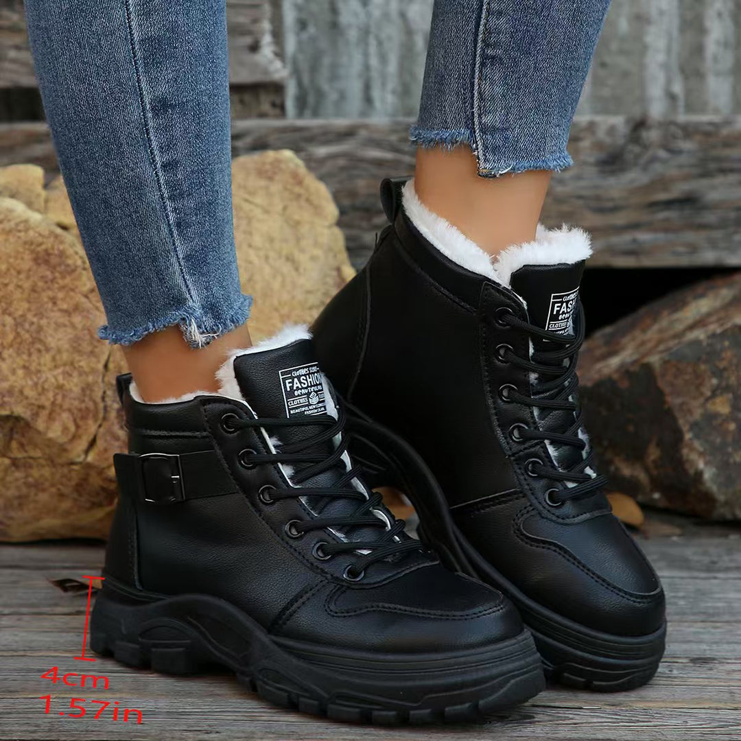 Damen  gefütterte Plateau-Schnürstiefelette mit dekorativer Metallschnalle und profilierter Gummilaufsohle Drune