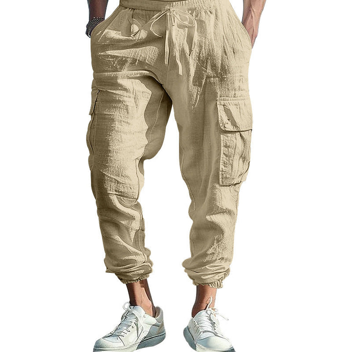 Herren nan lässige Leinen-Cargo-Jogger mit Kordelbund, großen Klapptaschen und elastischem Knöchelabschluss Drune