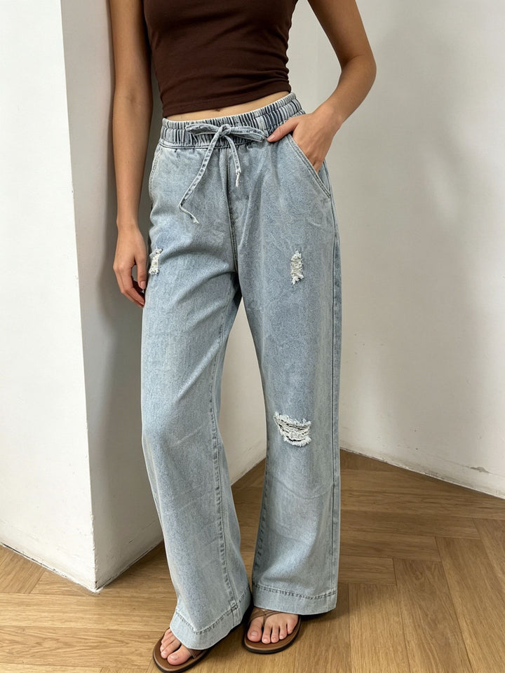 Damen nan weite Denimhose mit elastischem Kordelbund, Used-Effekten und lockerer Passform Drune
