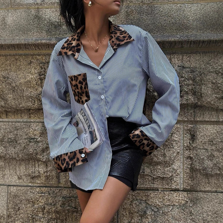 Damen Oversize-Hemdbluse mit Nadelstreifen und Leoprint-Details Drune
