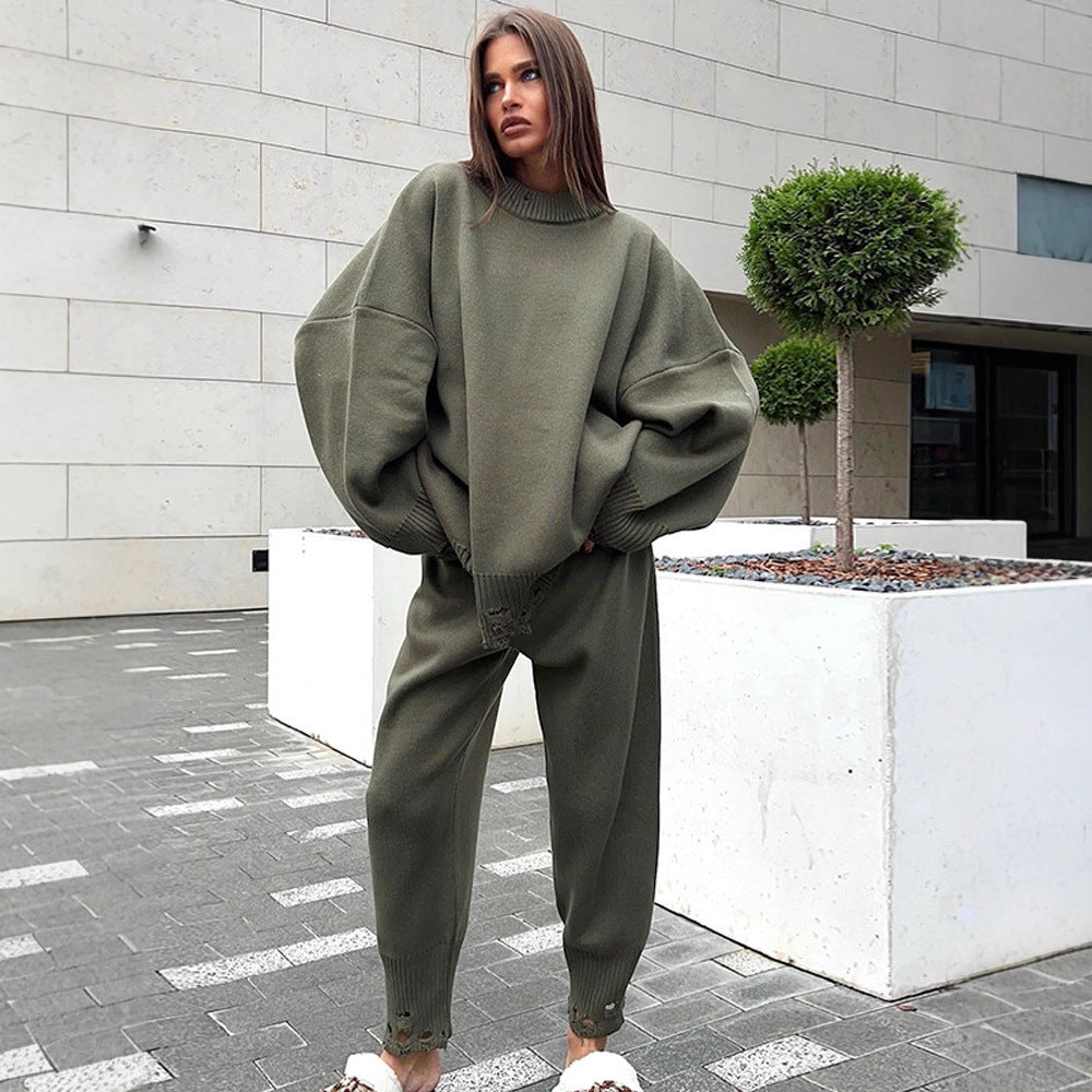 Damen Oversize-Strickset aus Feinstrick mit Destroyed-Saum, weitem Pullover und legerer Schlupfhose Drune