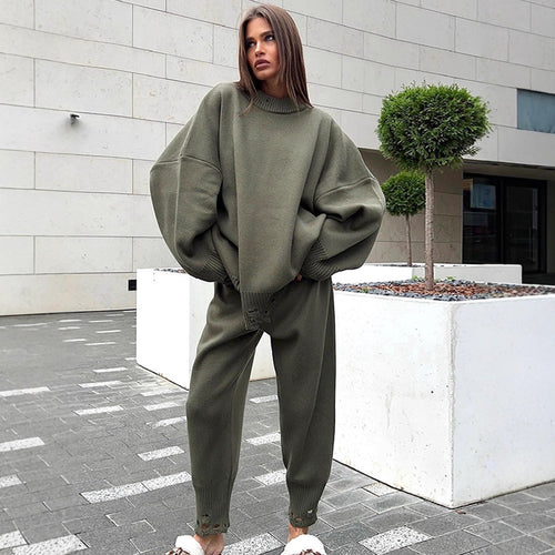 Damen Oversize-Strickset aus Feinstrick mit Destroyed-Saum, weitem Pullover und legerer Schlupfhose Drune