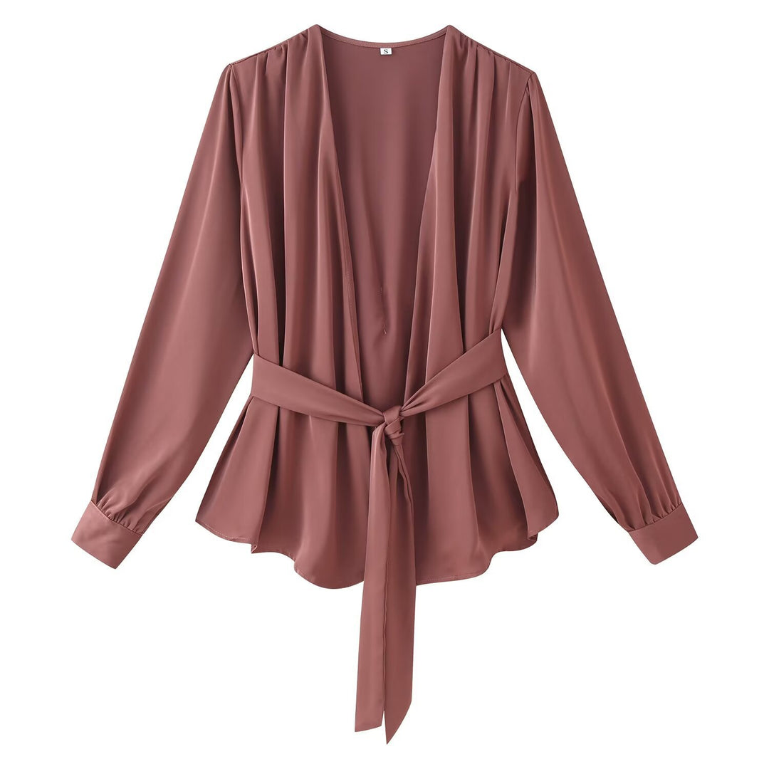 Damen elegante Wickelbluse mit Taillengürtel und tiefem V-Ausschnitt Drune