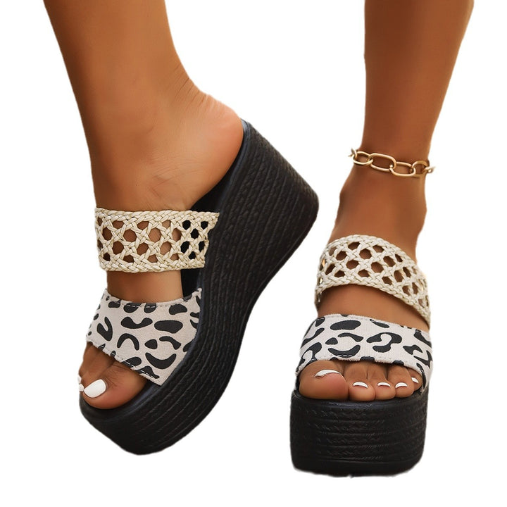Damen nan Plateau-Pantolette mit geflochtenem Riemen Leopardenmuster-Zehentrenner und Espadrille-Keilabsatz Drune