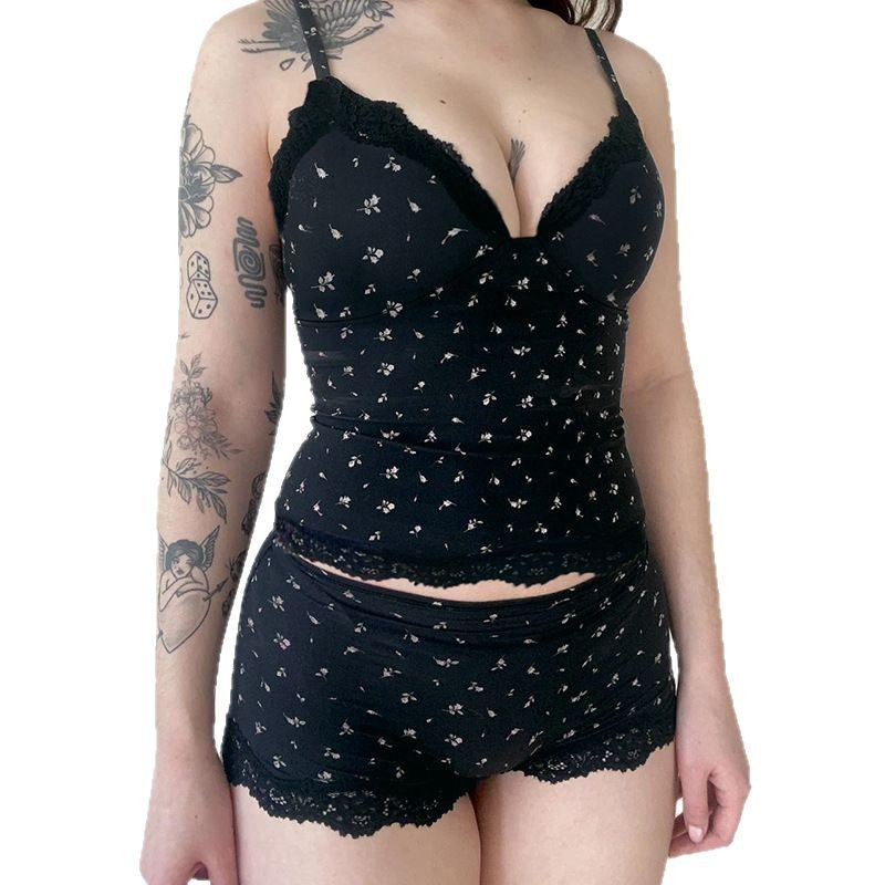 Damen Nachtwäsche-Set mit zarten Spitzenakzenten und floralem Print Drune