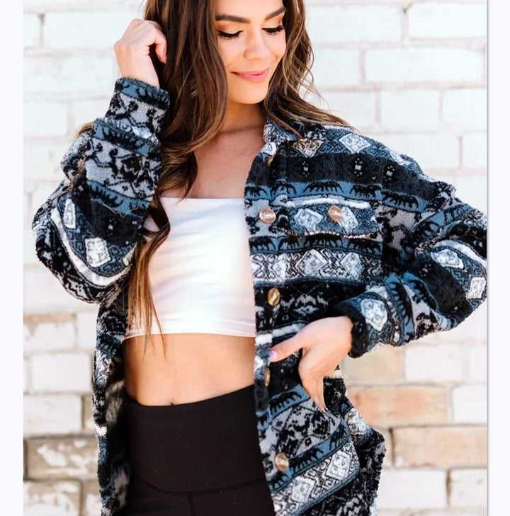 Damen Langärmlige Fleecejacke mit trendy Muster und Knopfleiste Drune