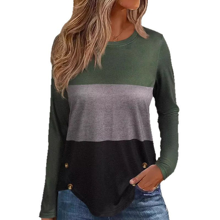 Damen Langarm-Colorblock-Shirt mit rundem Saum und seitlichem Knopfdetail Drune