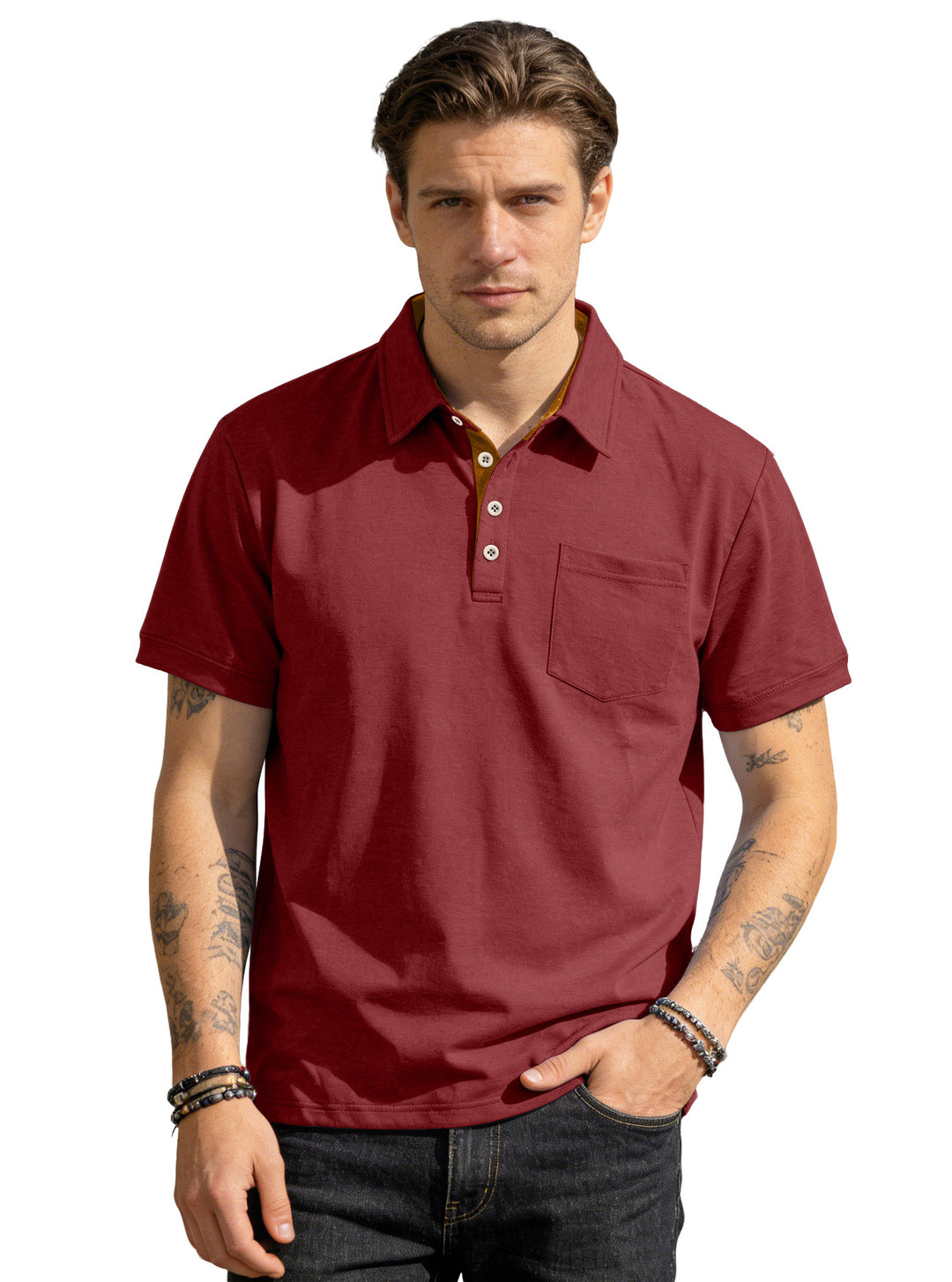 Herren nan Kurzarm-Polokragen-Shirt aus texturiertem Jersey mit Brusttasche und kontrastierter Knopfleiste Drune