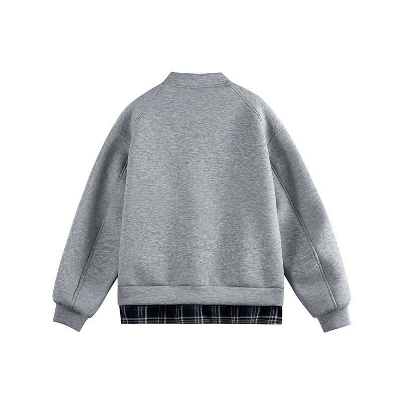 Damen Zwei‑in‑Eins Bomber‑Sweatjacke mit Karo‑Layer‑Einsatz und Stehkragen Drune