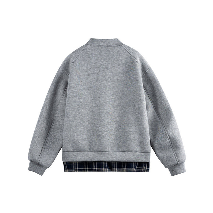 Damen Zwei‑in‑Eins Bomber‑Sweatjacke mit Karo‑Layer‑Einsatz und Stehkragen Drune