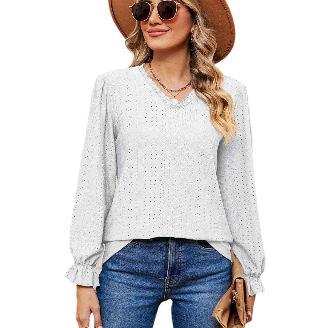 Damen elegantes Blusentop mit aufwendigem Lochmuster und lässigem Schnitt Drune