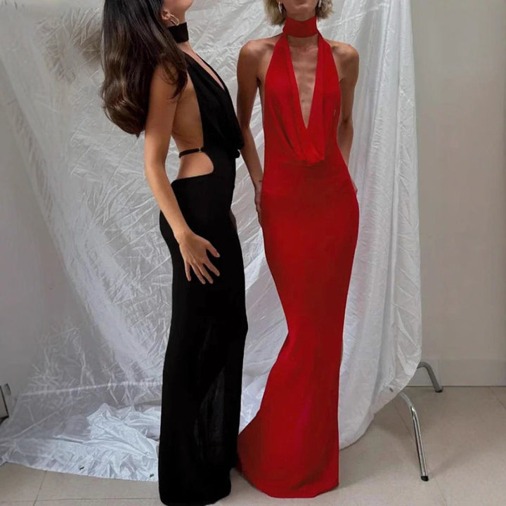 Damen Maxikleid mit elegantem Wasserfallausschnitt und figurbetontem Design Drune