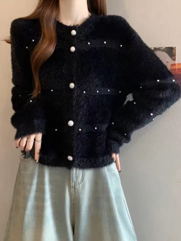 Damen Gemütlicher Strickcardigan mit Perl-Details Drune