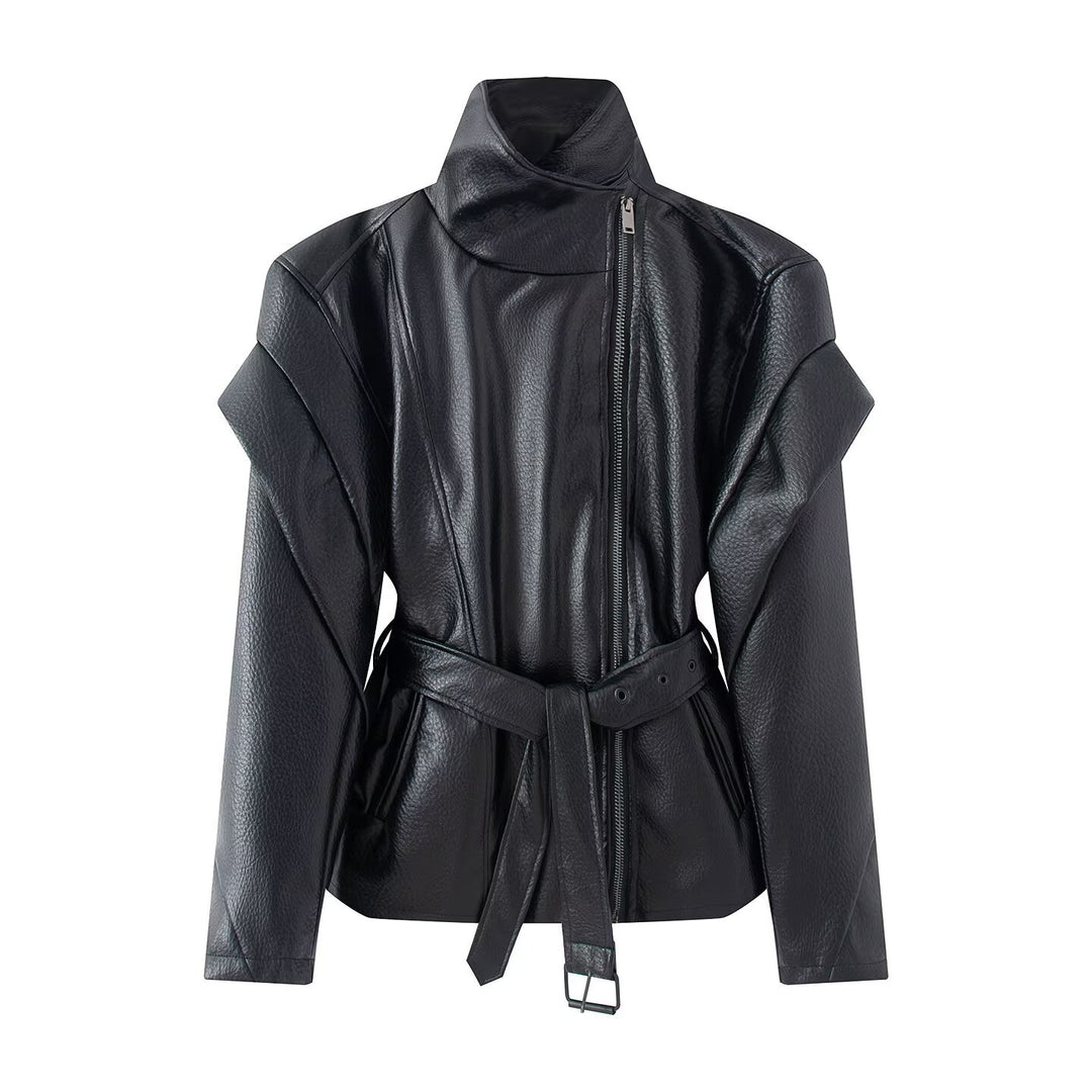 Damen Taillierte Kunstlederjacke mit hohem Stehkragen, asymmetrischem Reißverschluss und Bindegürtel Drune