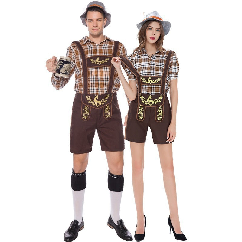 Damen nan kurze Trachten-Latzhose mit bestickten Trägern und kariertem Blusen-Set Drune
