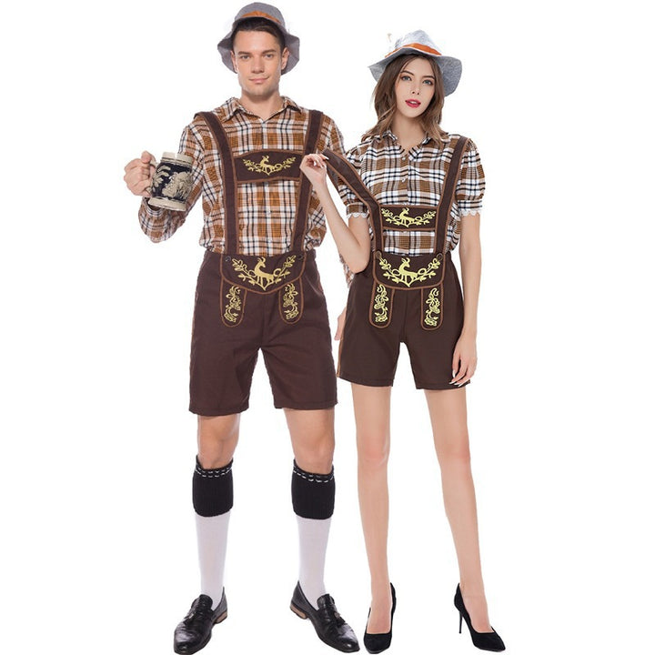 Damen nan kurze Trachten-Latzhose mit bestickten Trägern und kariertem Blusen-Set Drune