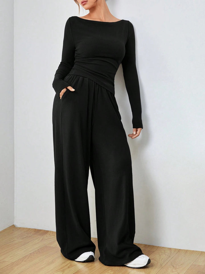 Damen Lässiges Two‑Piece Lounge‑Set mit U‑Boot‑Ausschnitt, taillierter Drapierung und weitem Palazzohose Drune