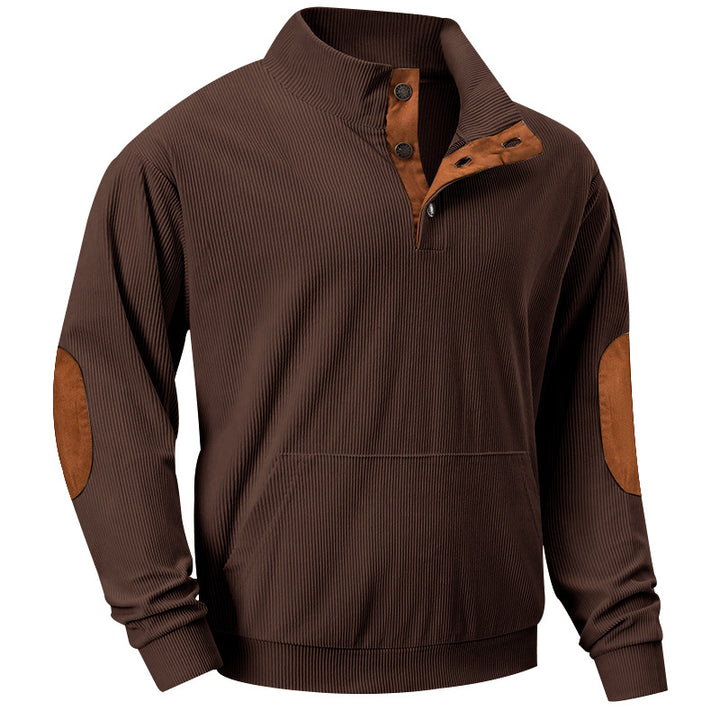 Herren nan geripptes Stehkragen-Pullover mit Knopfleiste, Kängurutasche und Wildleder-Ellenbogenpatches Drune