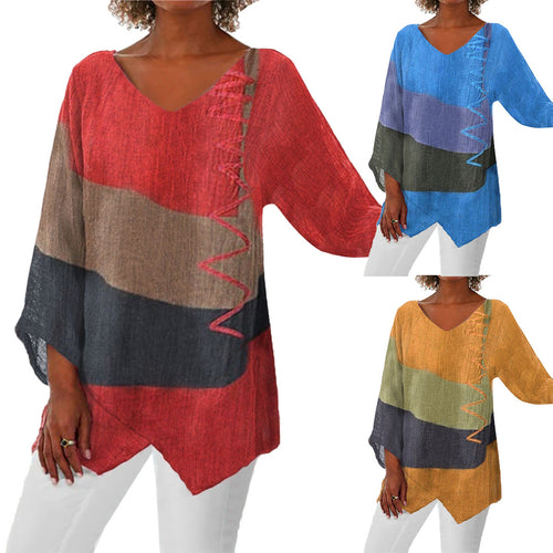Frauen Casual A-Linien Leinenlook Tunika mit Farbblockstreifen und V-Ausschnitt Drune