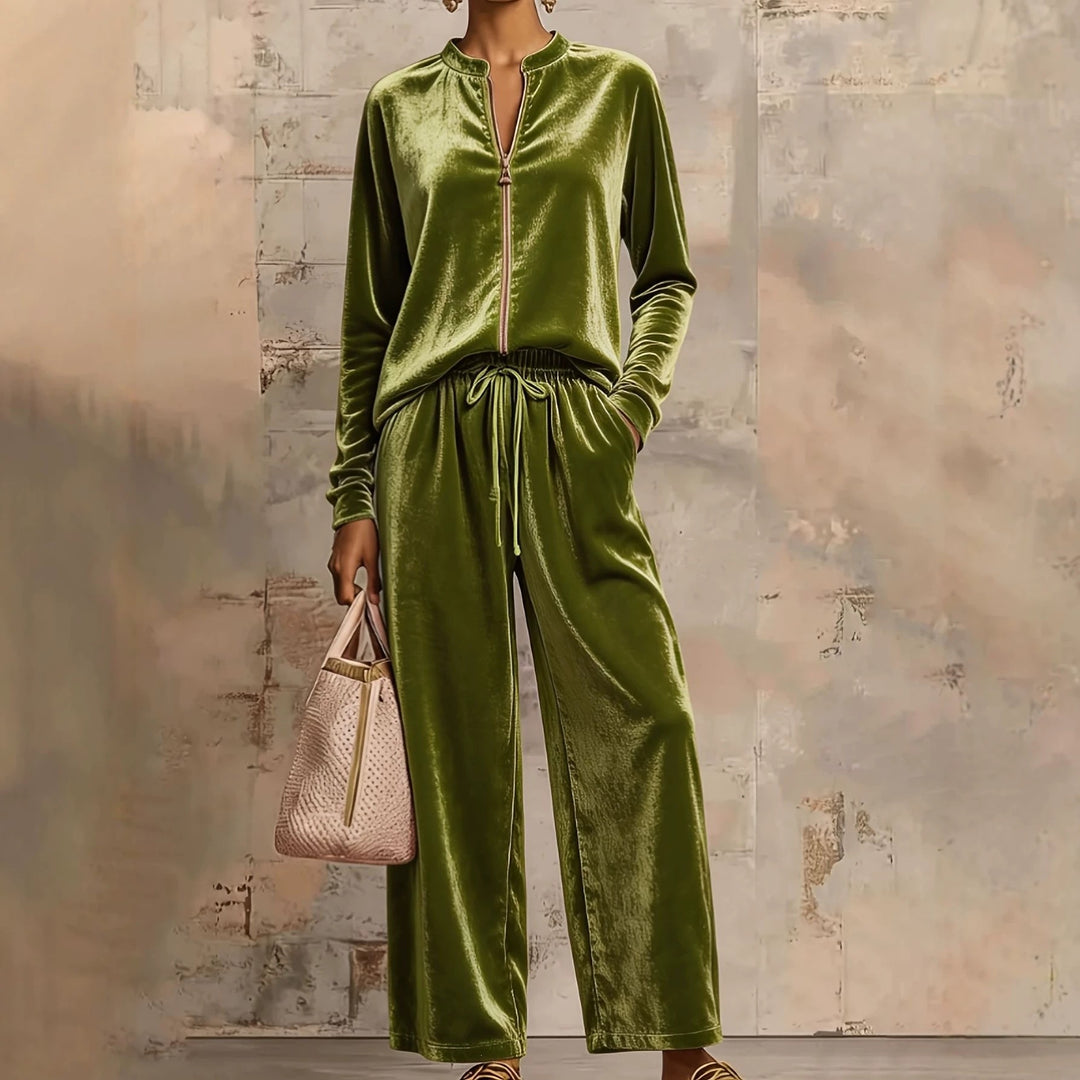 Damen nan samtiges Lounge-Set mit Stehkragen Reißverschlussoberteil und Kordelbundhose Drune