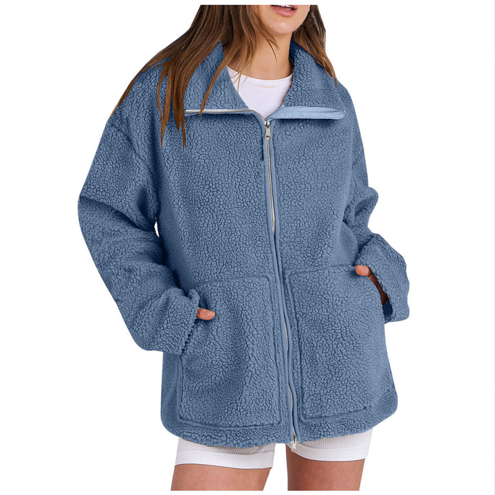 Damen nan oversized Teddyfelljacke mit Stehkragen Reißverschluss und aufgesetzten Taschen Drune