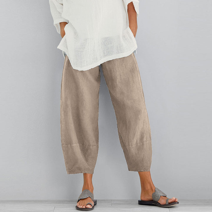 Damen nan weit geschnittene Leinenhose mit Tulpen-Saum und elastischem Bund Drune
