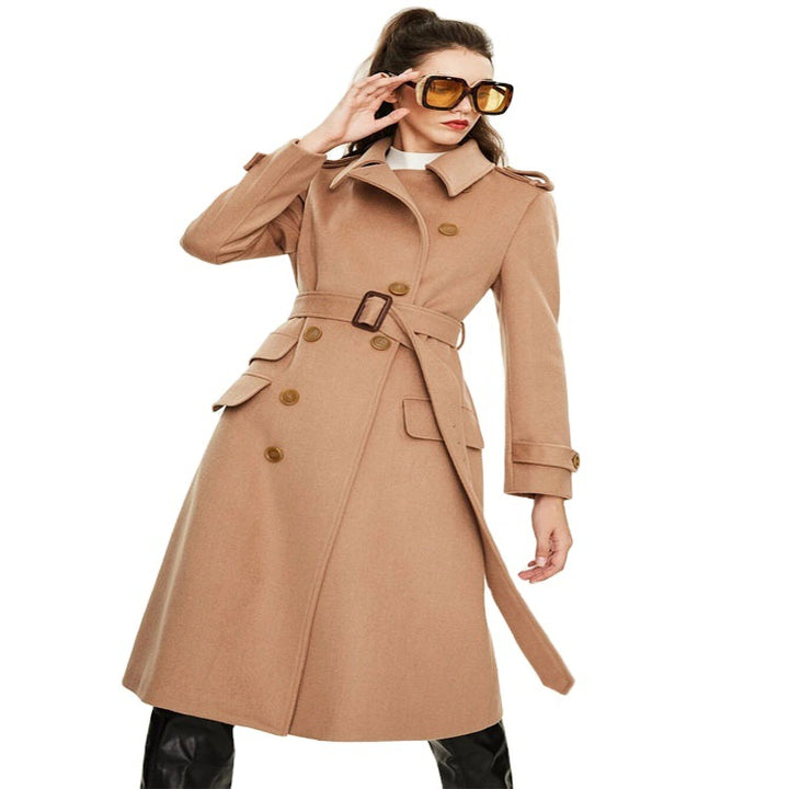 Damen taillierter A‑Linien Trenchcoat aus Woll‑Kaschmirmix mit Taillengürtel und Patten Drune