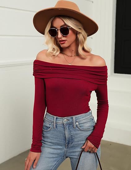 Damen Figurbetontes Schulterfreies Langarm Feinstrickshirt mit Carmenausschnitt Drune