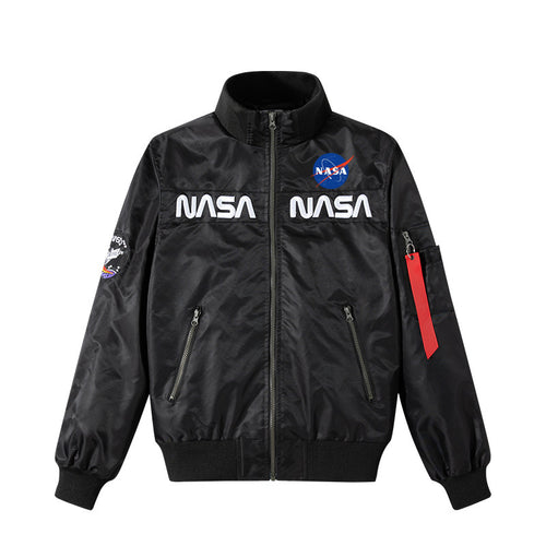 Men's  retro space-logo nylon zip bomber with angled zip pockets and utility sleeve tab Drune
