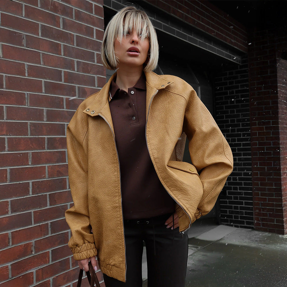 Damen Modische Kunstlederjacke mit lässigem Schnitt Drune