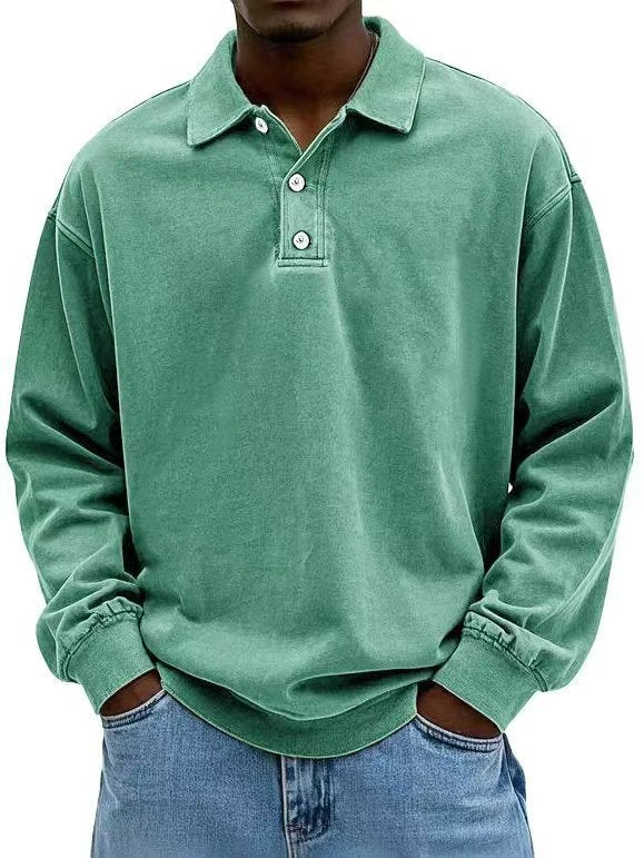 Herren nan lässiges Poloshirt-Sweatshirt mit Kragen, Vintage-Waschung und dreiteiliger Knopfleiste Drune
