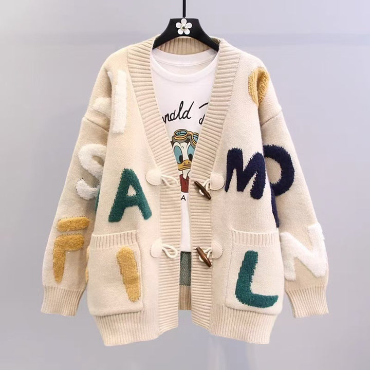 Damen Grobstrick-Cardigan mit bunten Applikationen und großen Taschen Drune