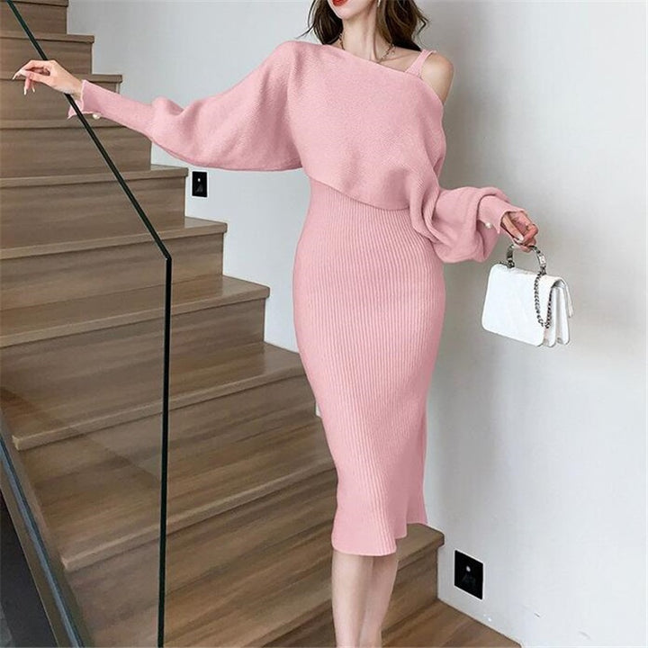 Damen Elegantes Strickkleid mit V-Ausschnitt und passendem Cardigan Drune