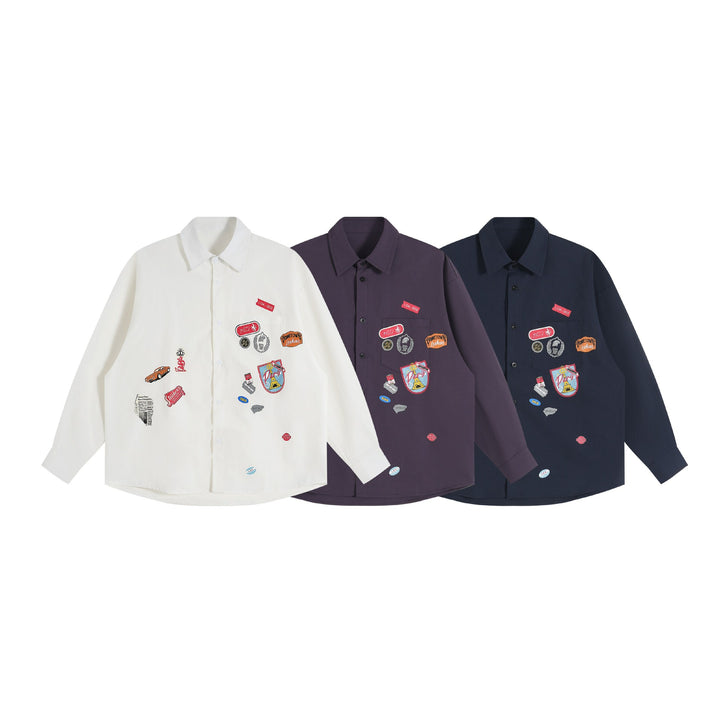 Unisex Lockeres Button-Down-Hemd mit vintage-inspirierten Emblem-Patches und Brusttasche Drune