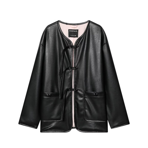 Damen Oversize Kunstlederjacke mit Kordel-Knotenverschluss und aufgesetzten Taschen Drune