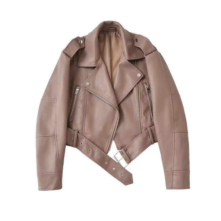 Damen taillierte Kunstleder-Bikerjacke mit Gürtel Drune
