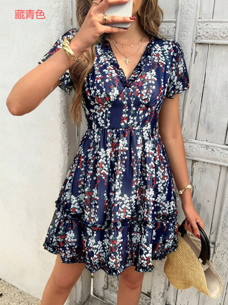 Damen Wickelkleid mit floralen Details und luftigen Ärmeln Drune